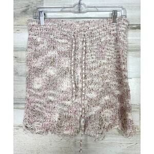 POL womens large pink white knit woven distressed boho shorts drawstring new